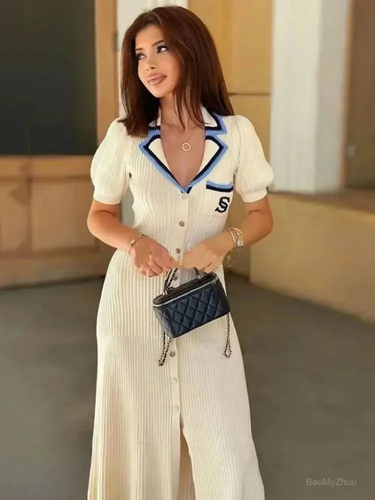 Slim Knitted Long Dress Short Sleeved