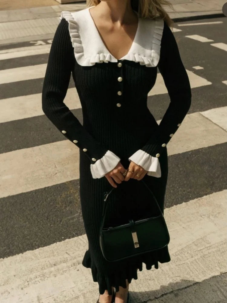 Winter Patchwork Ruffles Knitted Long Dresses