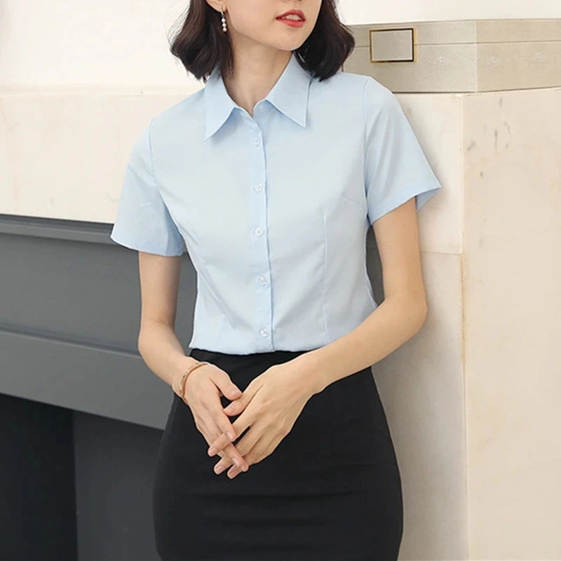 V-neck Short Sleeve Solid Work Shirts