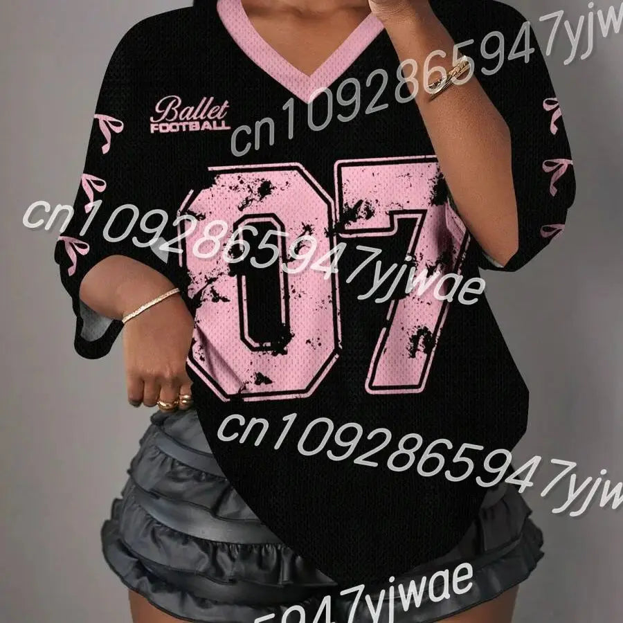 Letter Print V-Neck Short Sleeve  Mesh T-Shirt