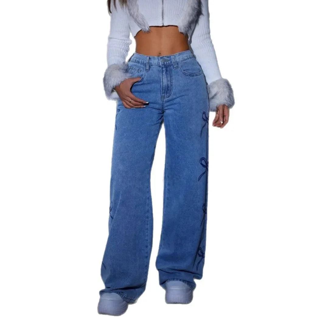 Denim Bow Print Jeans High Waist