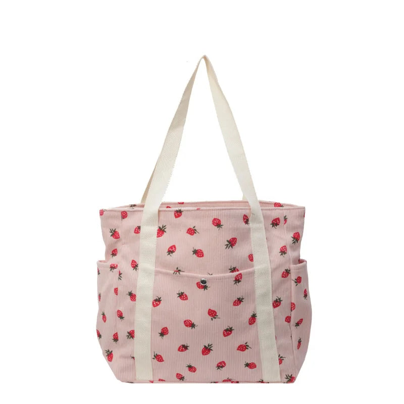 Strawberries Corduroy Shoulder Women's Tote Bags