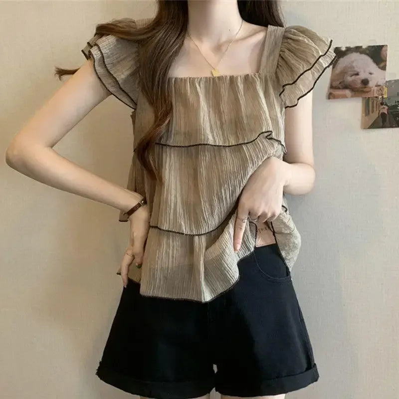 Short Sleeve Chiffon Blouse Ruffle Edge