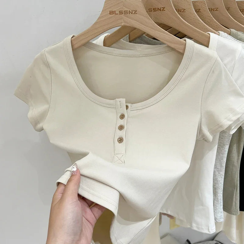 Button T-Shirt Cotton Slim  Short Sleeve Top