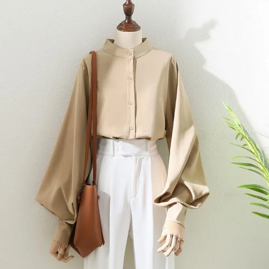 Blouses Long Lantern Sleeve Stand Collar