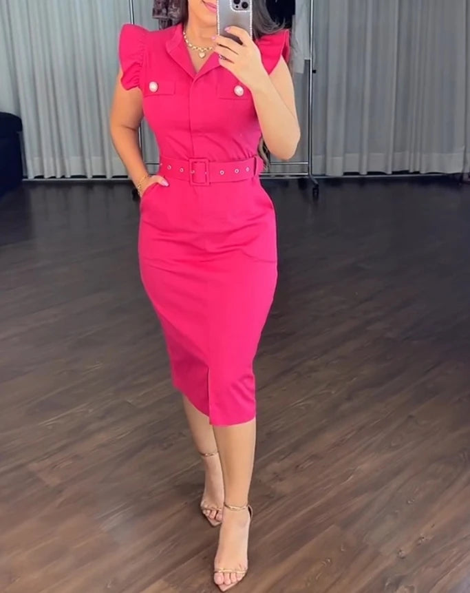 Long Sleeve Button Decor Front Slit Dress