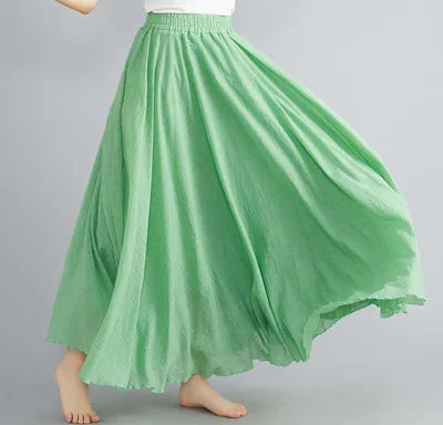 Cotton Linen Dress Elastic Waist Long Skirts