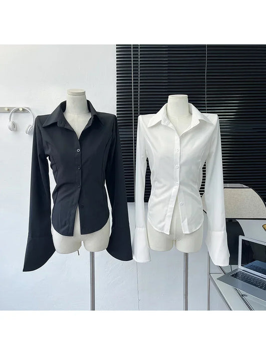 White Shirt Long Sleeve Lace Up Black Slim