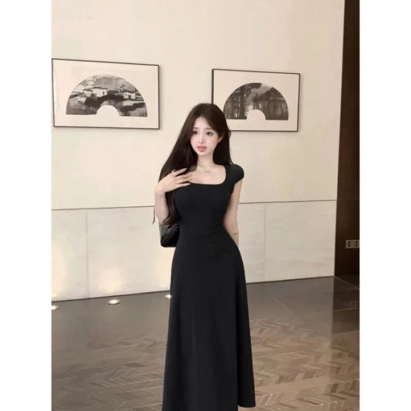 Square Neck Short Sleeves Waist-fitted Long Skirt