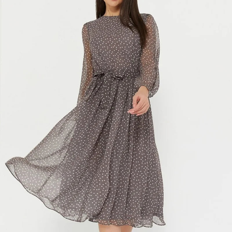 Long Sleeve O-neck Polka Dot Evening Dress