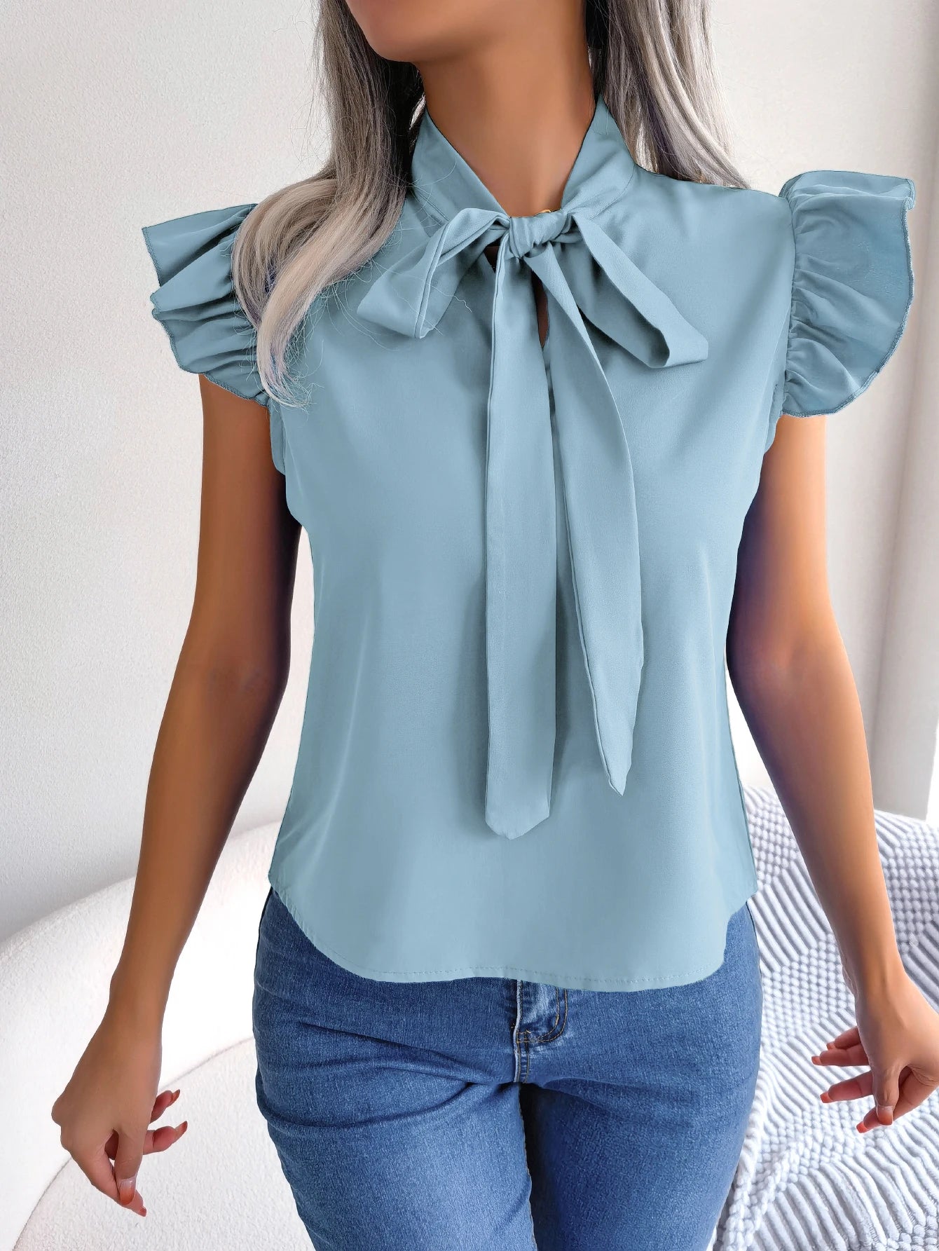 Women's Casual Bow Ruffle Short Sleeve  Blouse