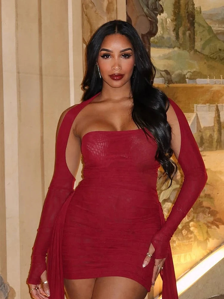 Mesh Mini Dress Strapless Ribbons Tassel  Gloves