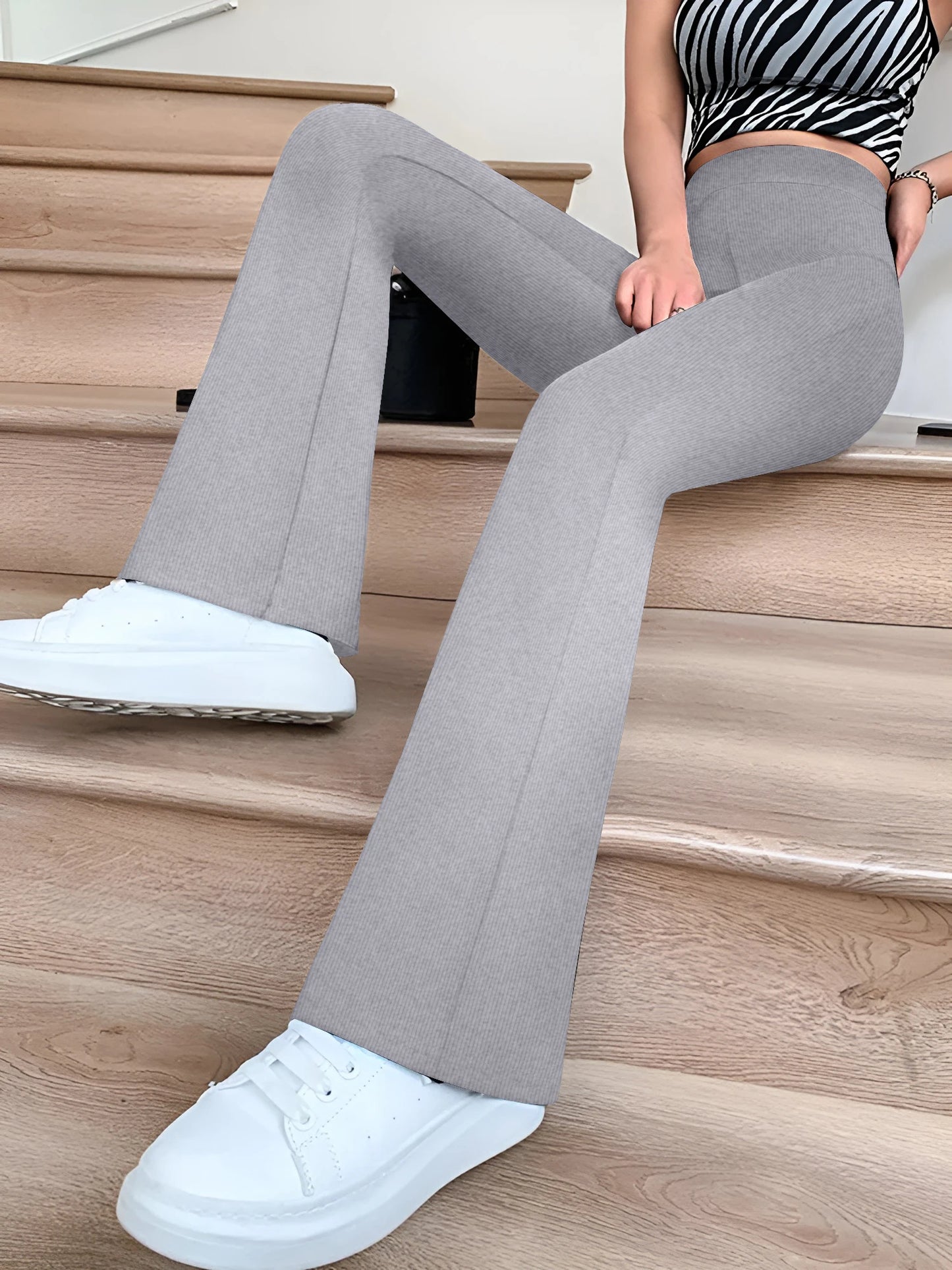 Flared Pants  Slim Solid Color High Waist