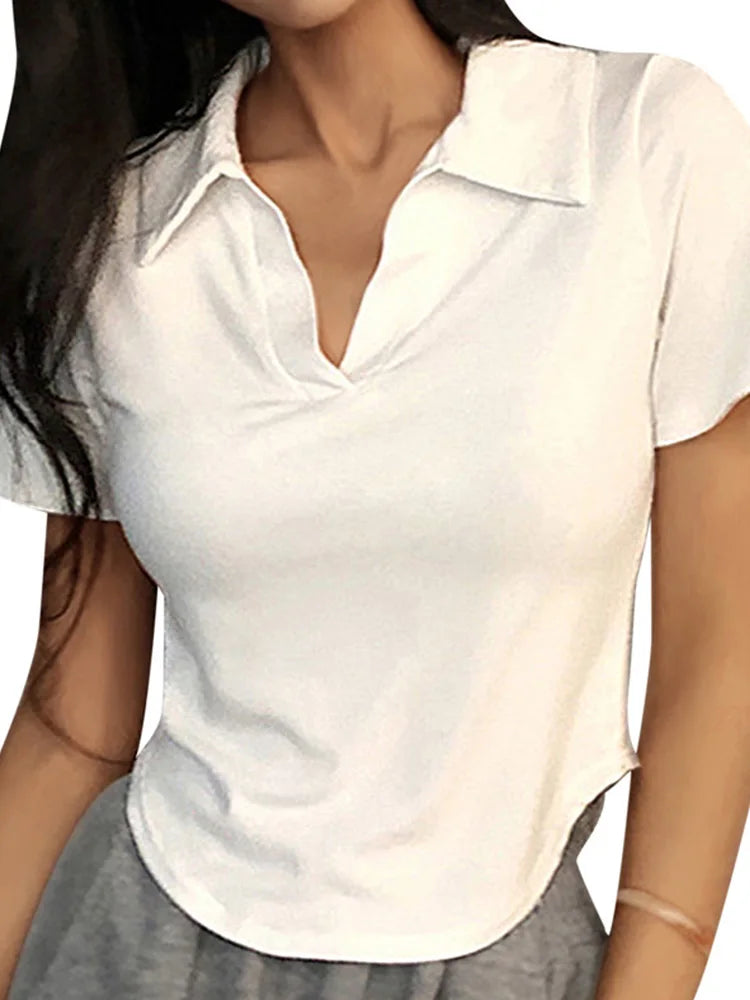 Short Sleeve Lapel Top  V-Neck Crop Top