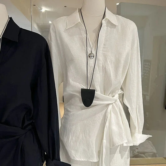 Loose Long Sleeve Asymmetrical Waist-Cinching  Top