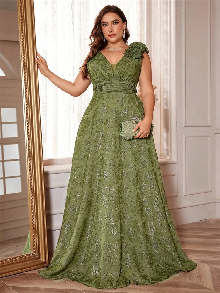 Plus Size Elegant V-Neck Floral Evening Dress