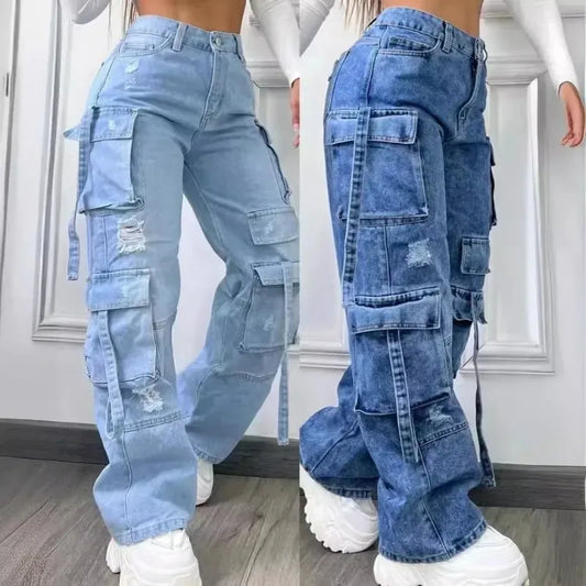 Denim Trousers Solid Color Multi-pocket High Waist