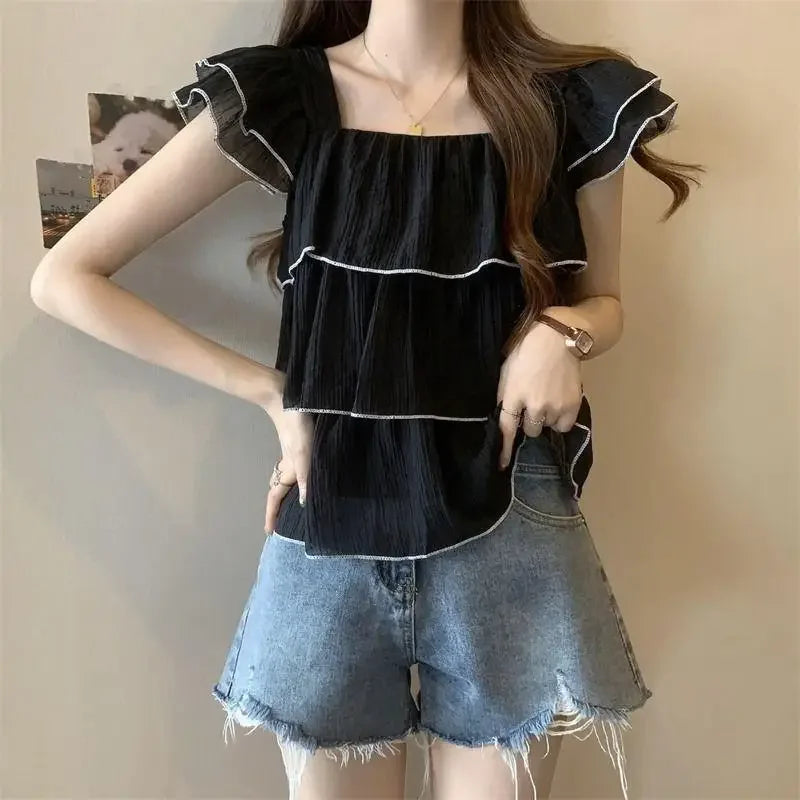 Short Sleeve Chiffon Blouse Ruffle Edge