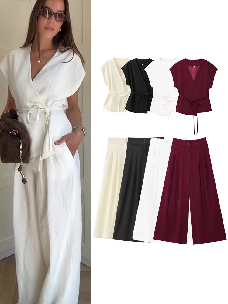 Trouser Suits Sleeveless V-Neck  2 Piece Set