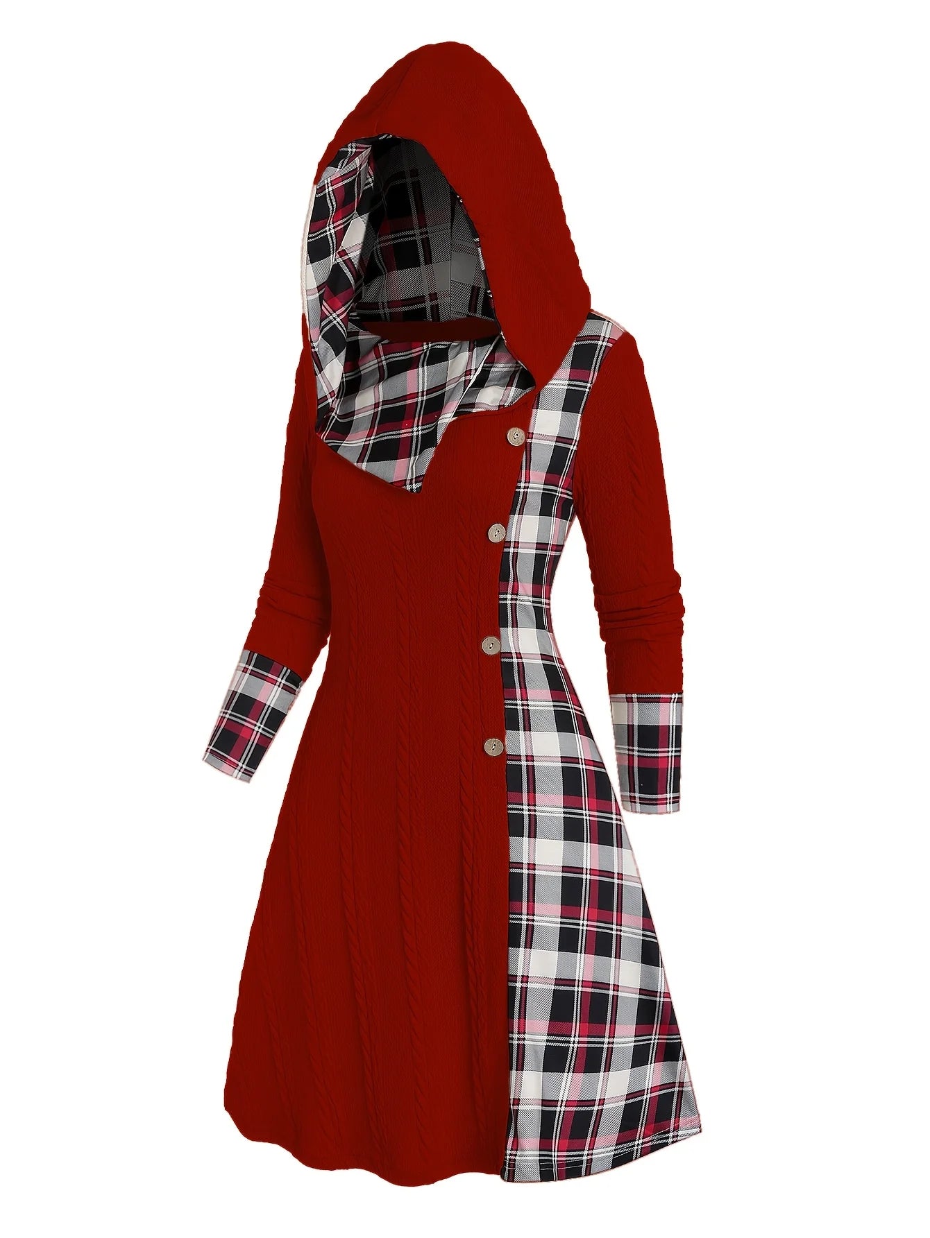 Knitted hooded plaid, fake buckle high waist