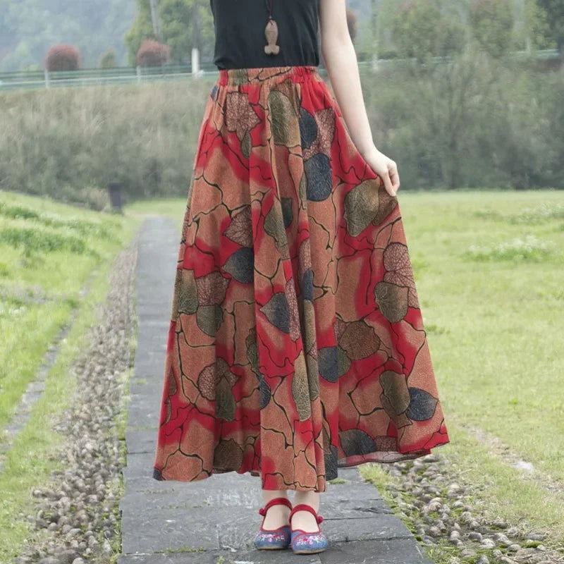 Cotton Linen Print Long Skirt Vintage