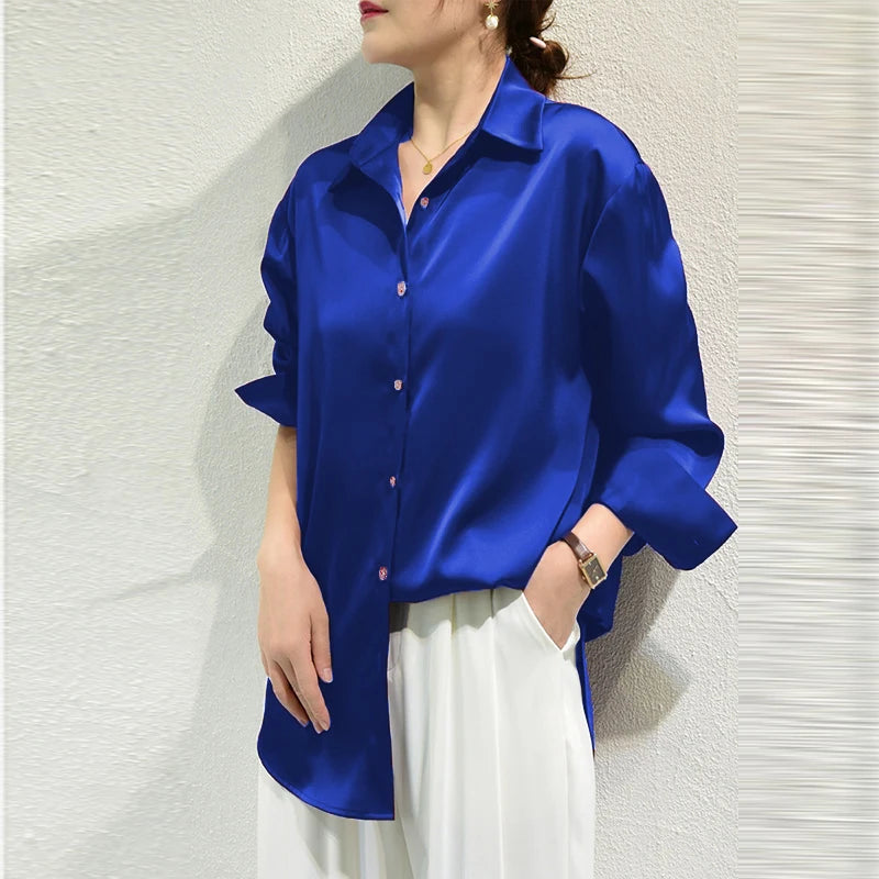 Satin Finish Blouses Long Sleeve Button