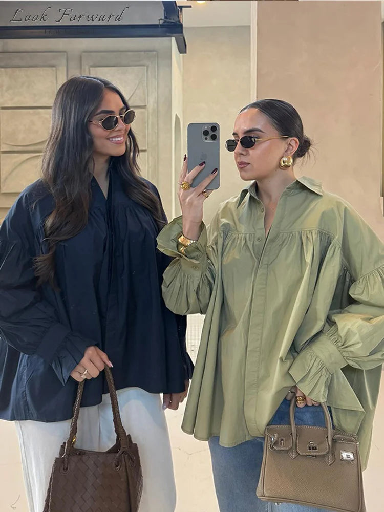 Lantern Sleeve Buttons Turn-Down Collar Pleated Blouse