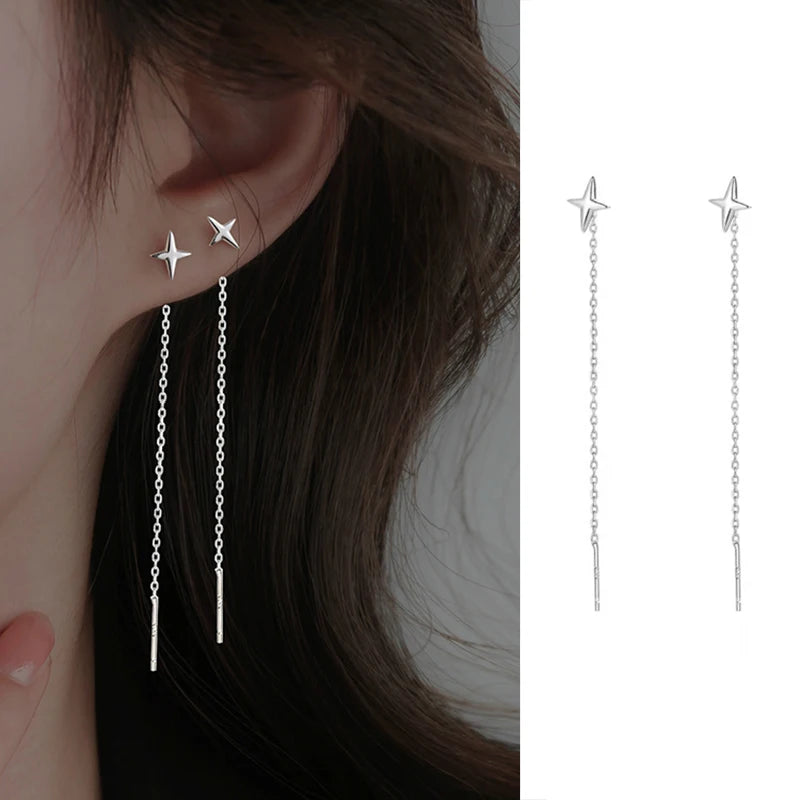 Silver Needle Star Line Tassel Drop Earring