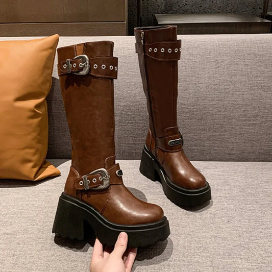 Thick Heel Cotton Side Zipper Rivet Metal