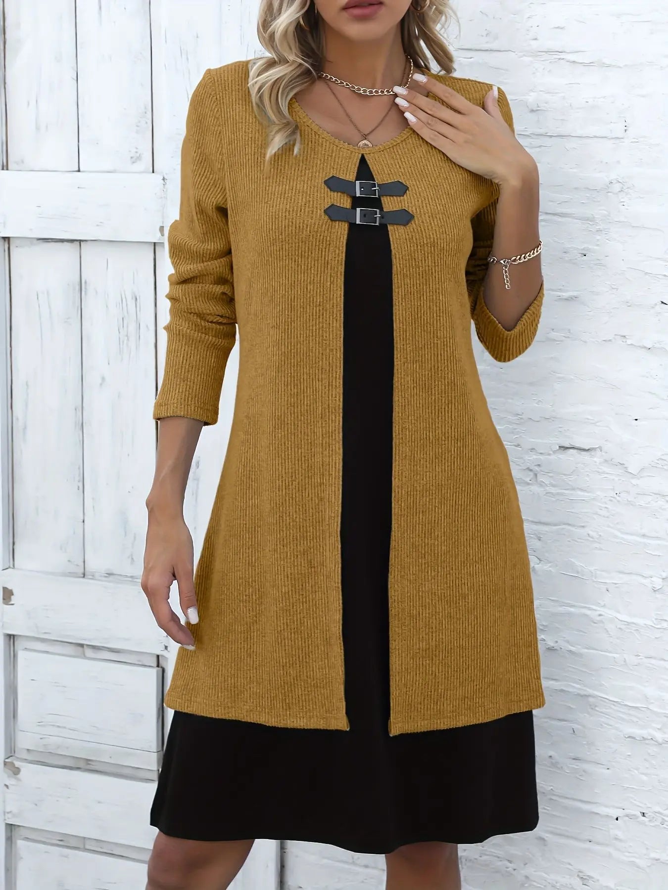 Solid Long Sleeved Round Neck Knitted  Dress