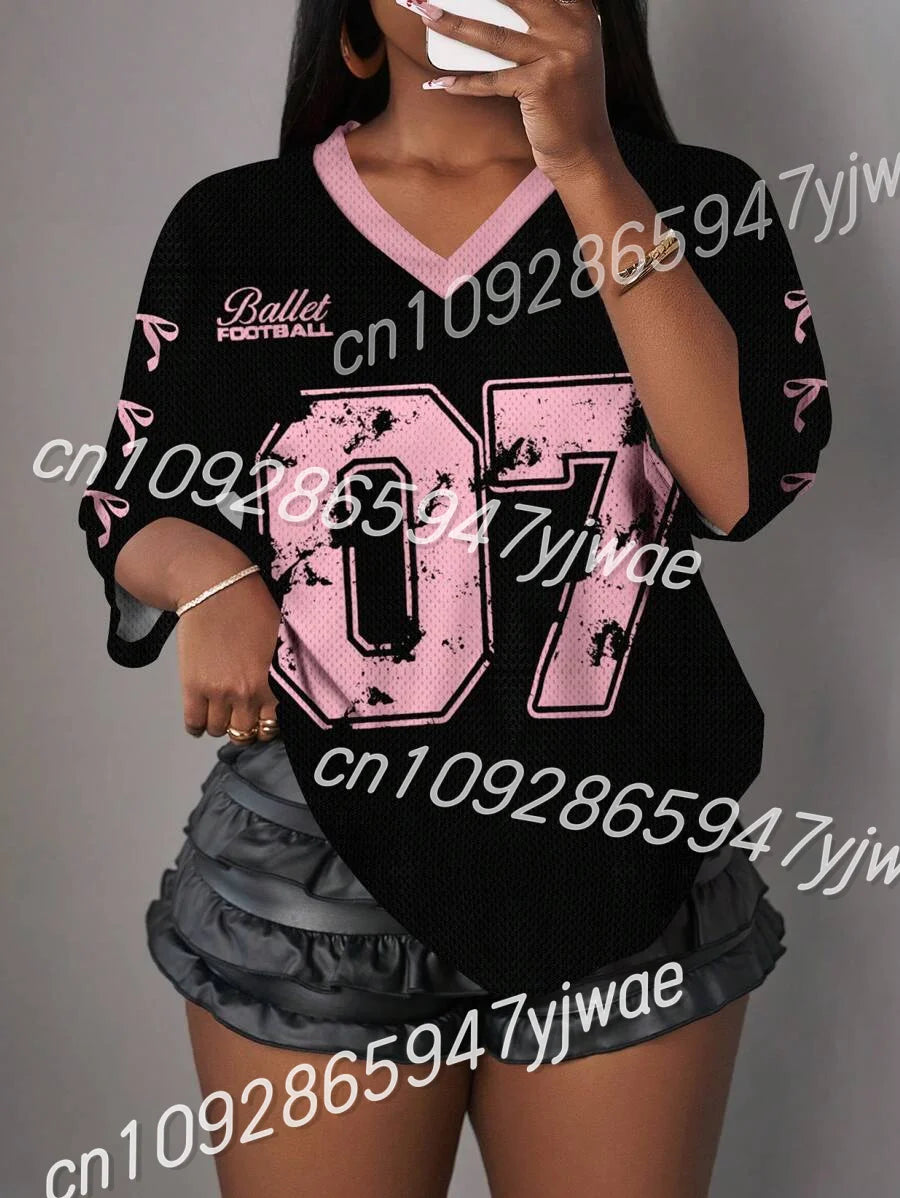 Letter Print V-Neck Short Sleeve  Mesh T-Shirt