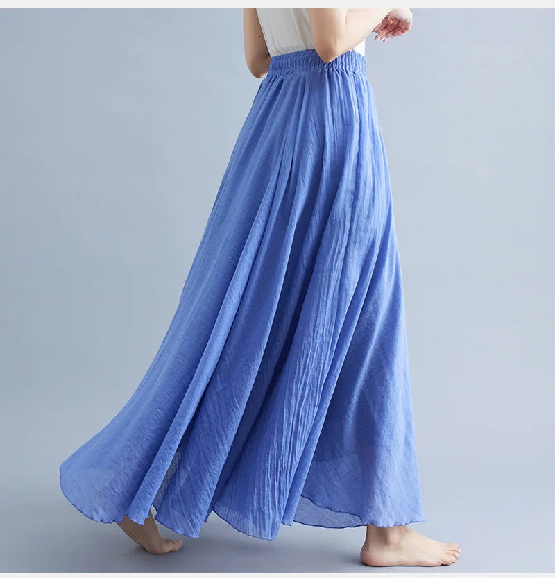 Cotton Linen Dress Elastic Waist Long Skirts
