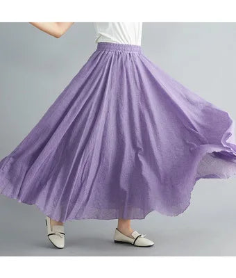 Cotton Linen Dress Elastic Waist Long Skirts