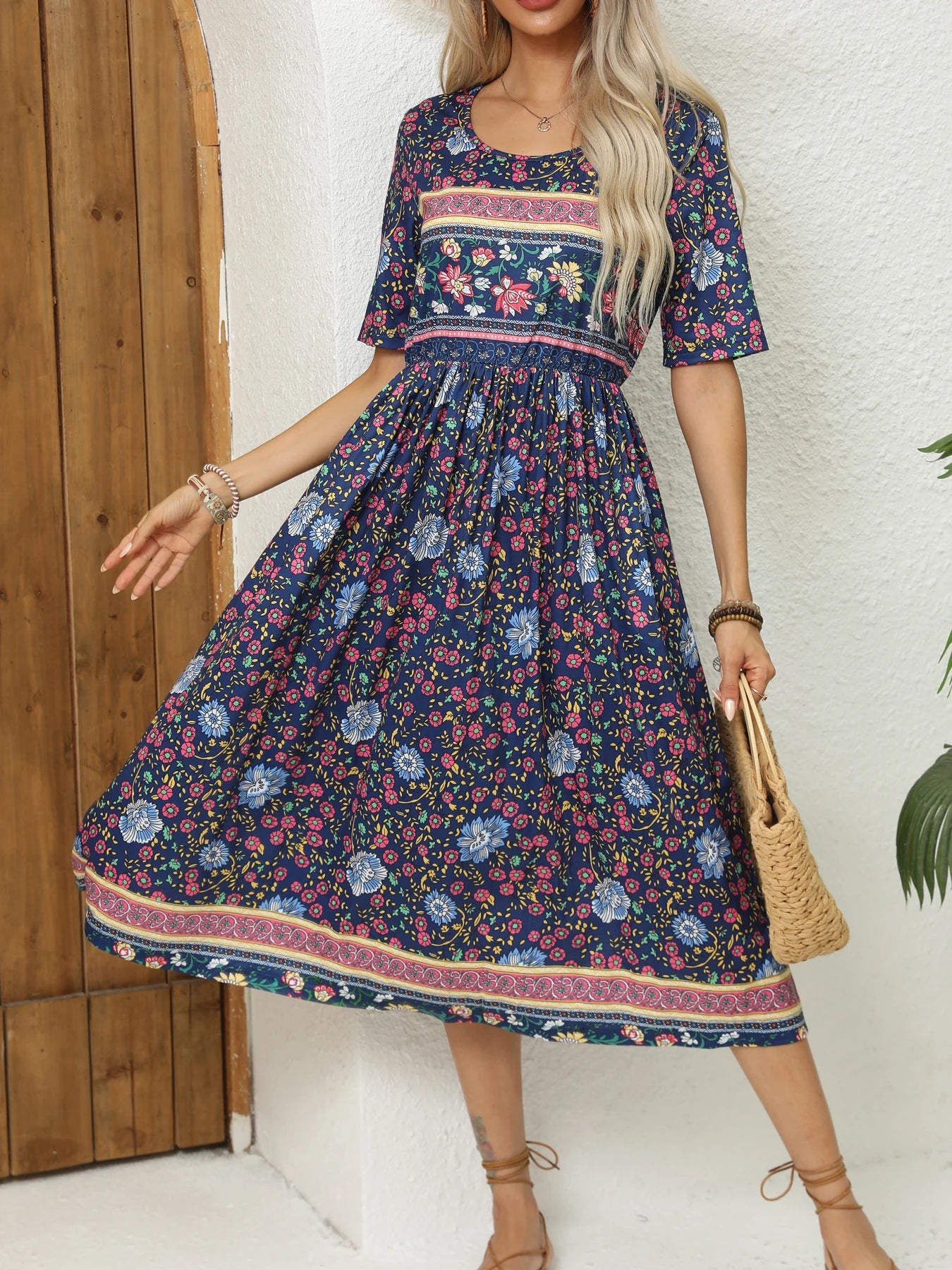 Round Neck Short Sleeve Print Dress