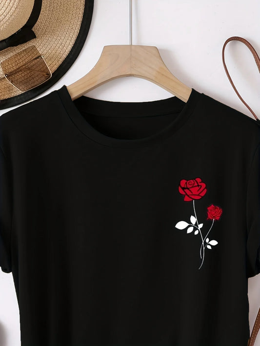 Rose Print T-shirt Round Neck Short Sleeved