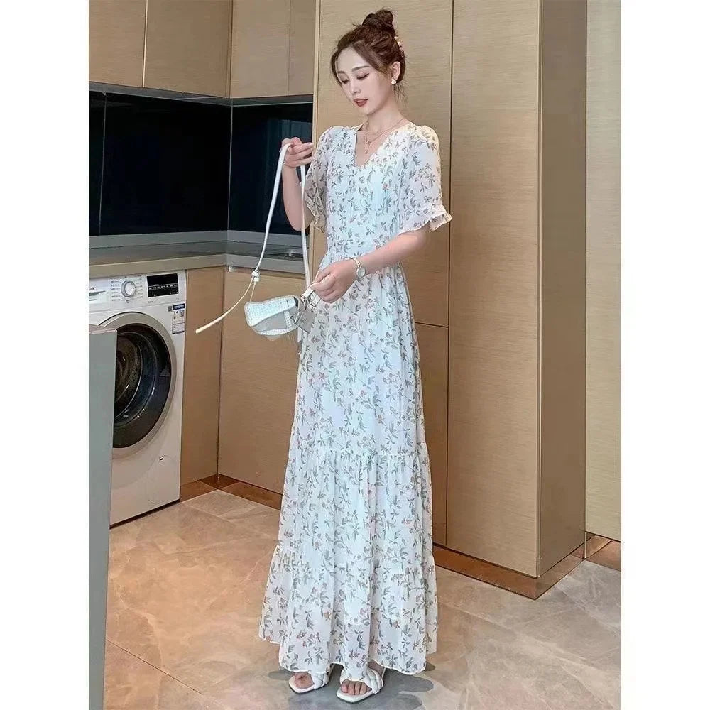 V-Neck Slimming Calf Length Dress