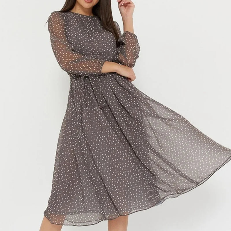 Long Sleeve O-neck Polka Dot Evening Dress