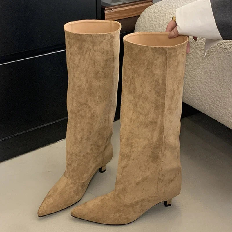 Pointed Toe Knee-High Boots Low Heels