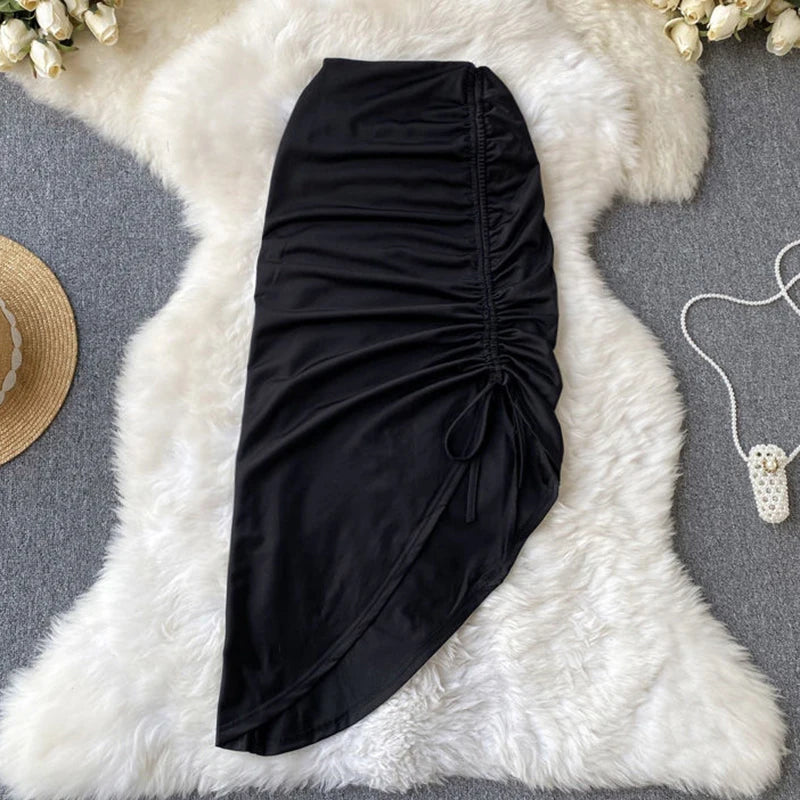 Sexy Lace Up Drawstring Folds Midi Skirt