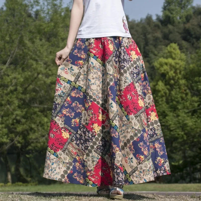 Cotton Linen Print Long Skirt Vintage