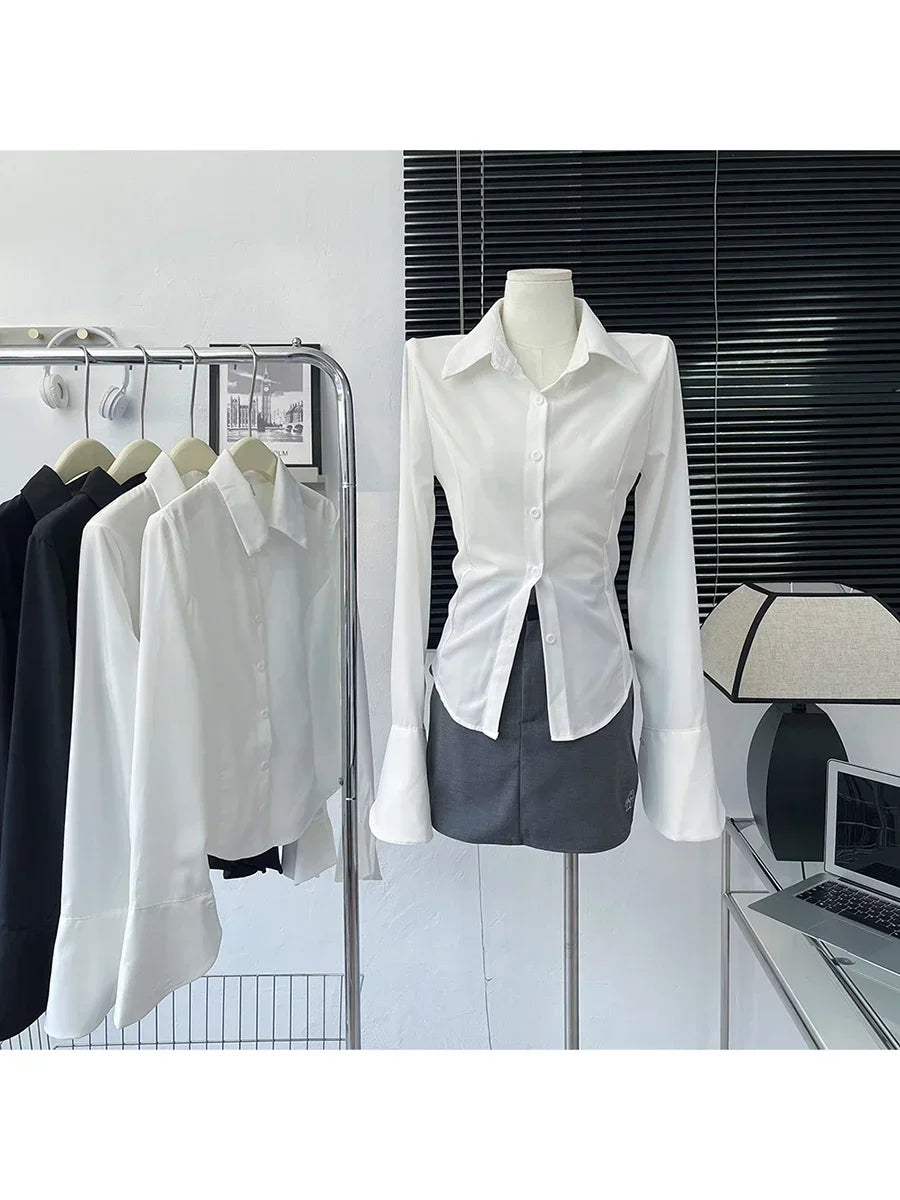 White Shirt Long Sleeve Lace Up Black Slim