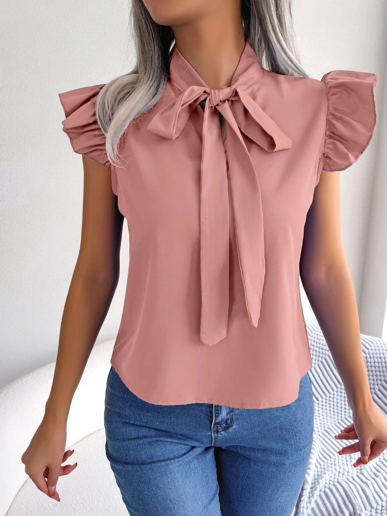 Women's Casual Bow Ruffle Short Sleeve  Blouse