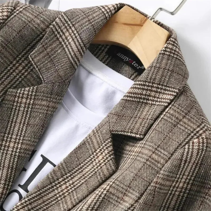 Single Breasted Plaid Long Sleeve  Blazers