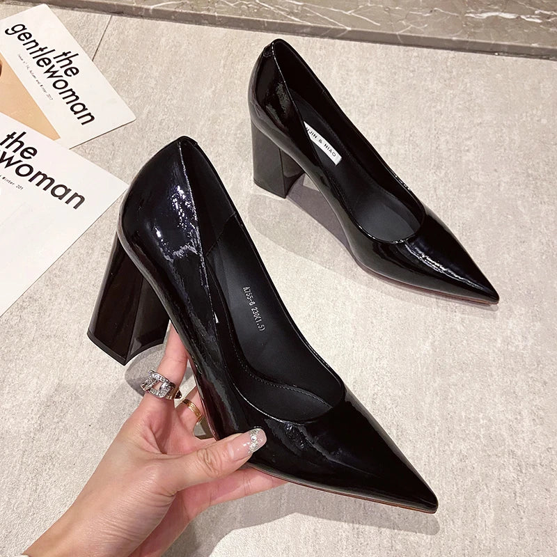 Patent Leather Slip-On Chunky Heel Pumps