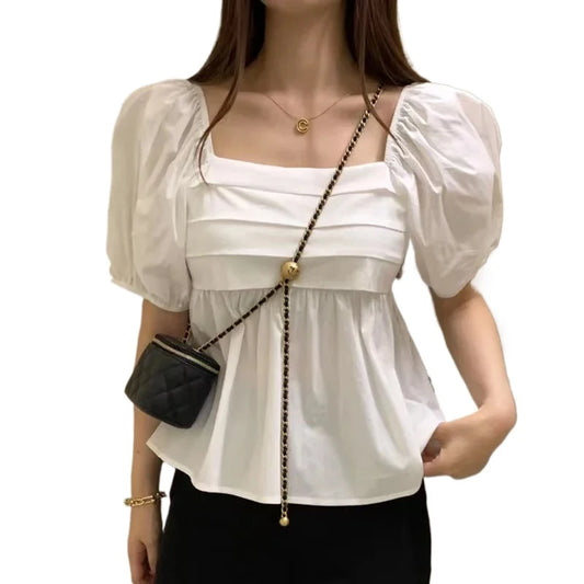 Square Neck White Blouse Puff Short Sleeve