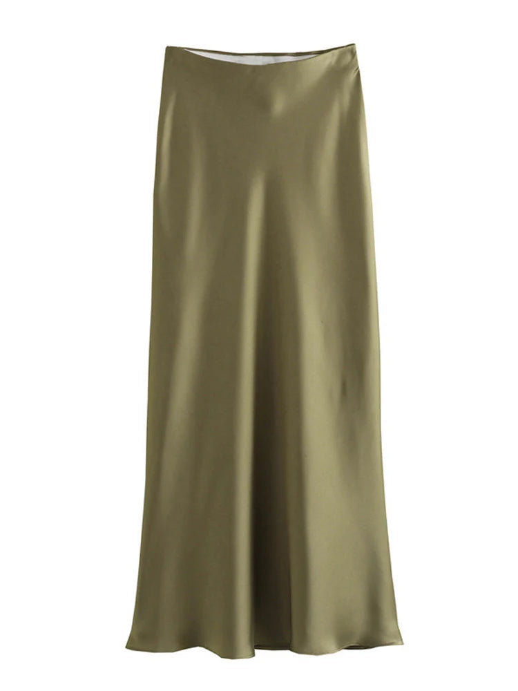 Black Satin High Waist  Midi Skirt