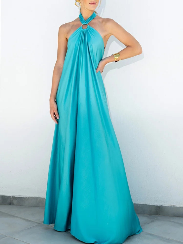 Satin Sexy Evening Dress Solid Blue Sleeveless