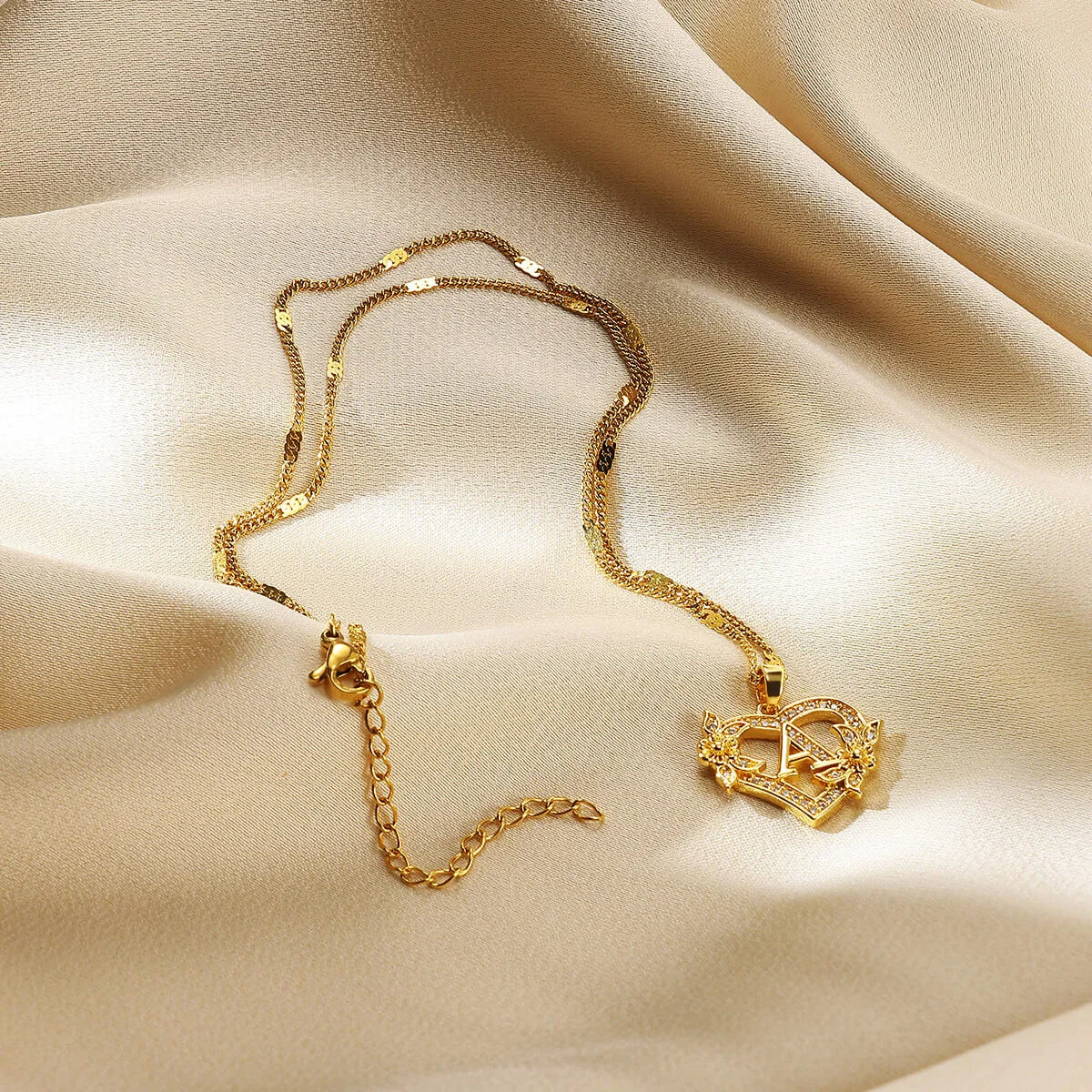Heart Initial, Gold Color Stainless Steel Chain