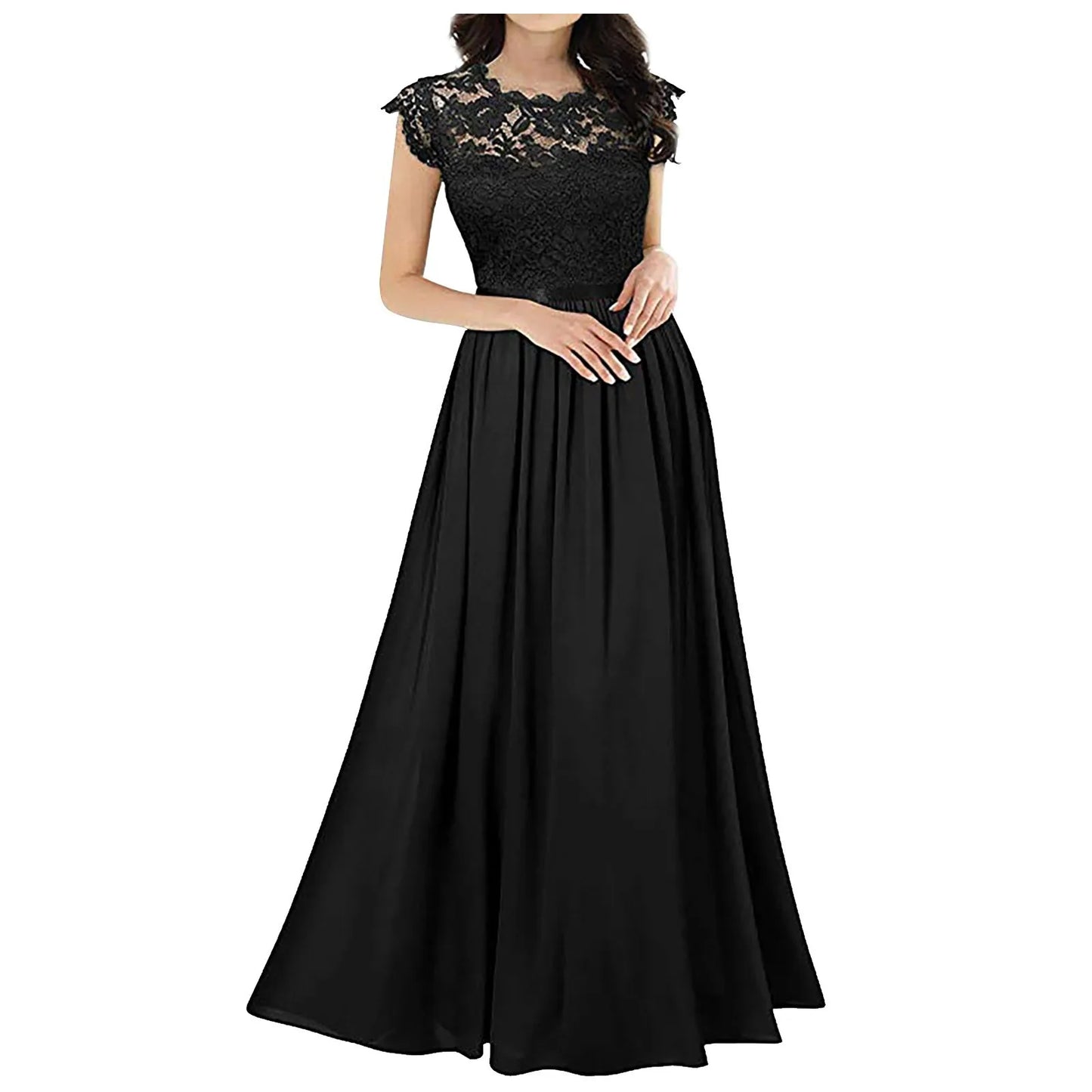 Short Sleeve High Waist Lace Floral Gown