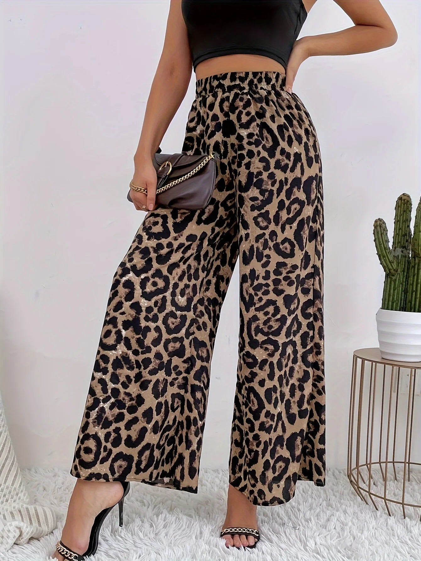 American  leopard print elastic waist wide leg